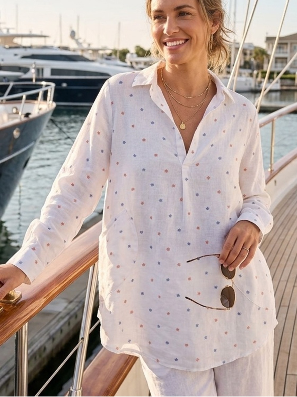 Forcynthia 100% Linen Coastal Tunic Top Nautical Wheel Pattern Pocket Roll Tab L